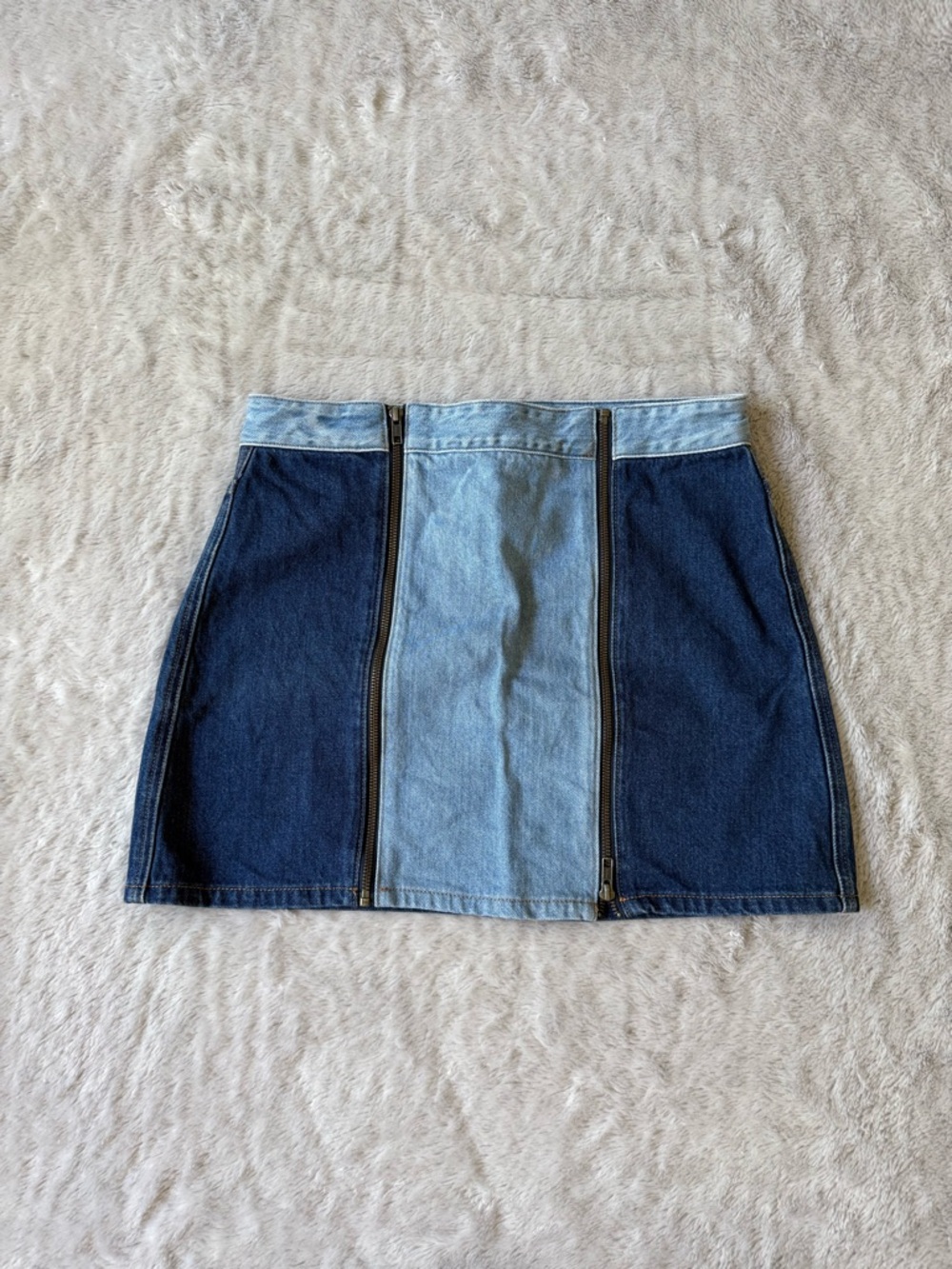 1. State Two-Tone Blue Denim Mini Skirt with Front Zips